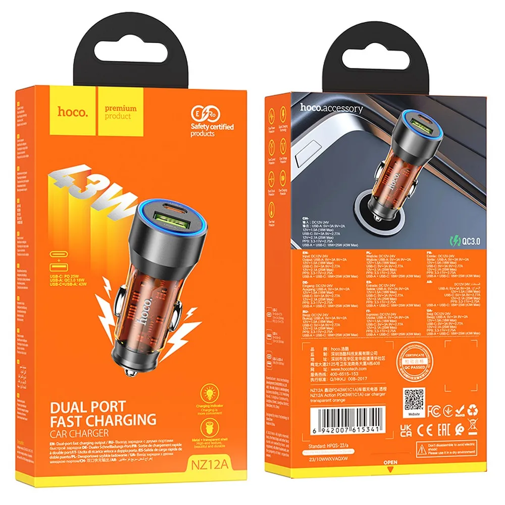 HOCO car charger USB A + Typ C PD QC3.0 3A 43W NZ12A transparent orange - Image 4