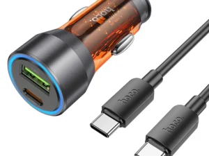 HOCO car charger USB A + Type C + cable Type C to Type C PD QC3.0 3A 43W NZ12A transparent orange