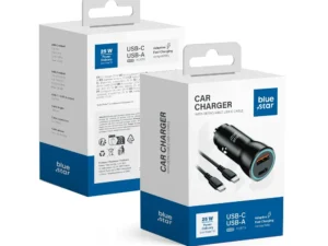Blue Star USB-C + USB-A QC3.0, PD, AFC, PPS, 3 A, 25 W-os autós töltő és USB-C–USB-C kábel, fekete