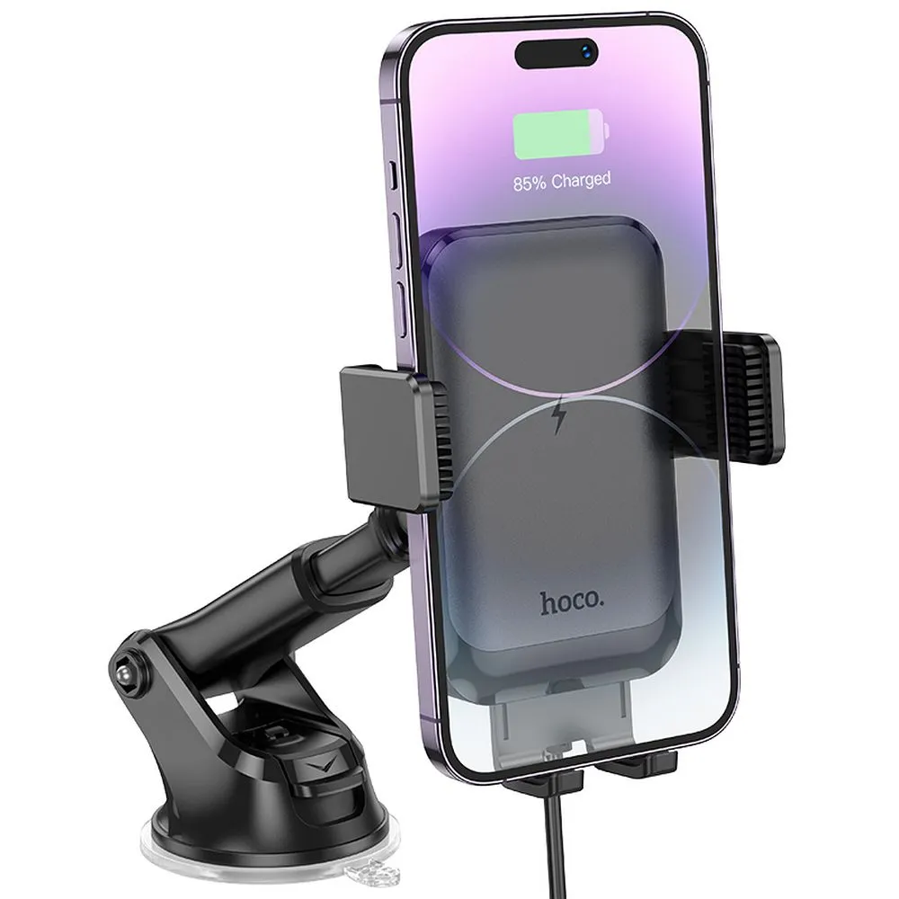 HOCO car phone holder with wireless charging to windshield / center console / air vent 15W HW9 black - Image 2