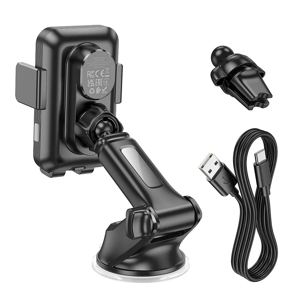 HOCO car phone holder with wireless charging to windshield / center console / air vent 15W HW9 black - Image 5