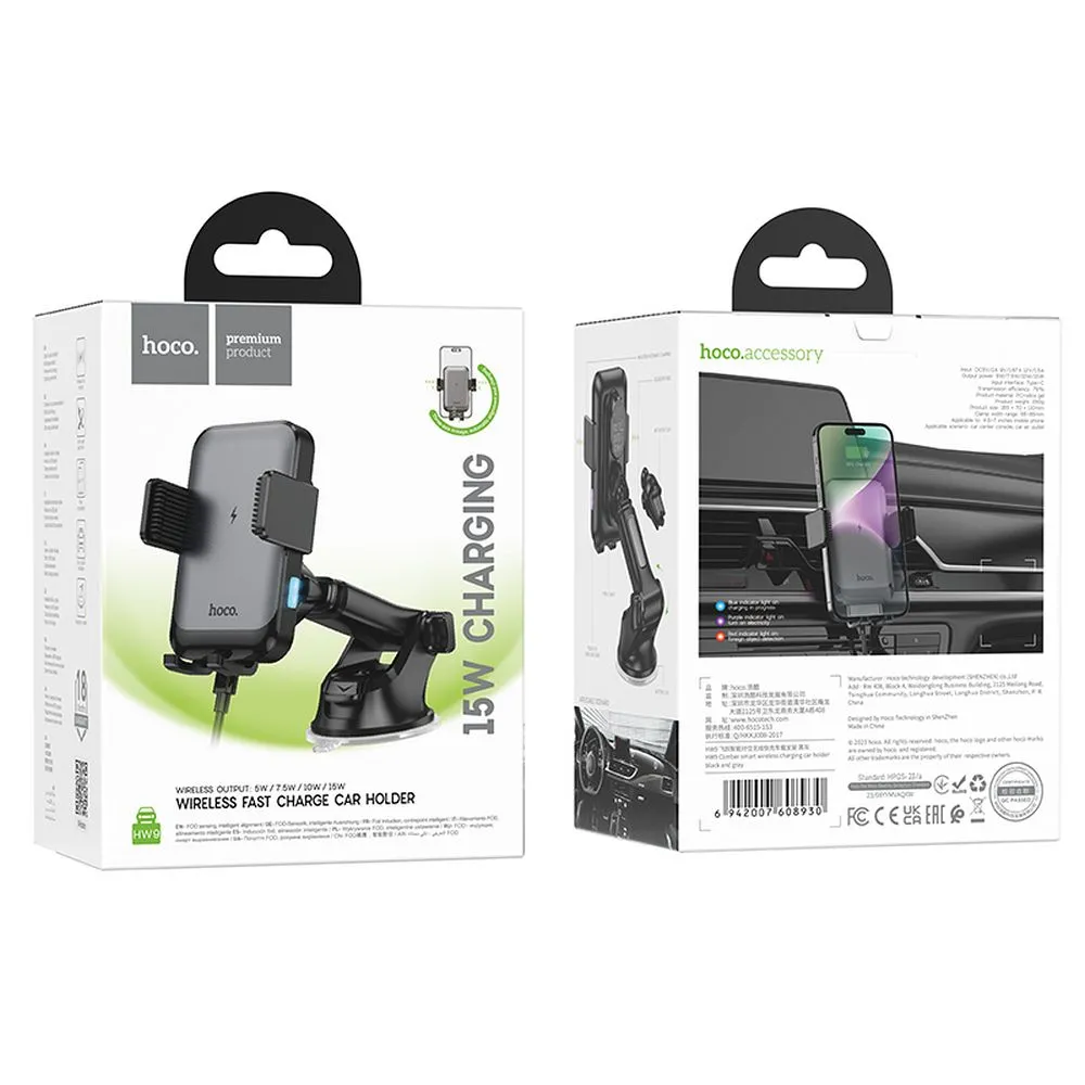 HOCO car phone holder with wireless charging to windshield / center console / air vent 15W HW9 black - Image 8