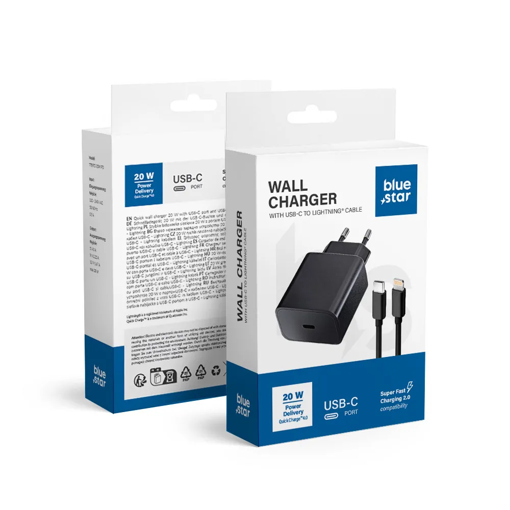 BLUE STAR utazó töltő, C-típus + C-típus–Lightning kábel, PD, QC 4.0, 3 A, 20 W, TFB-TC-20WPD, fekete