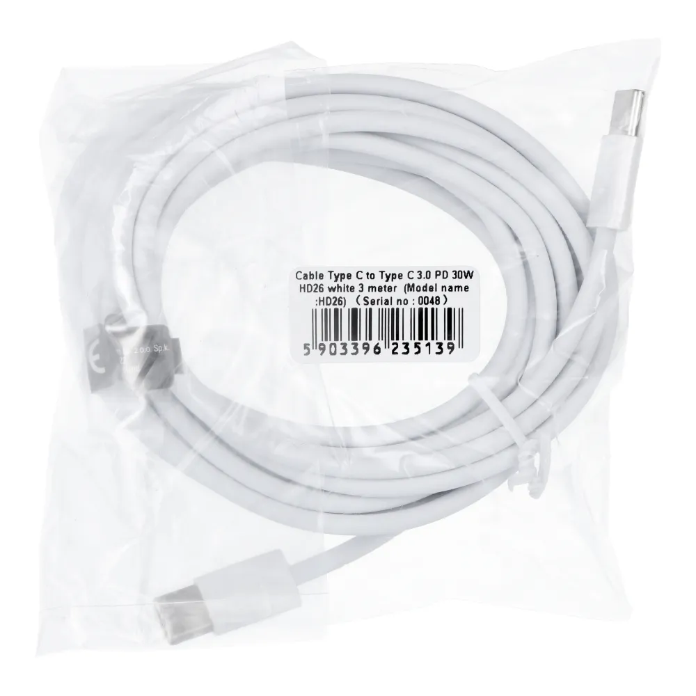 C-típusú–C-típusú kábel, PD, QC3.0, 3 A, 30 W, HD26, 3 m, fehér - Image 2