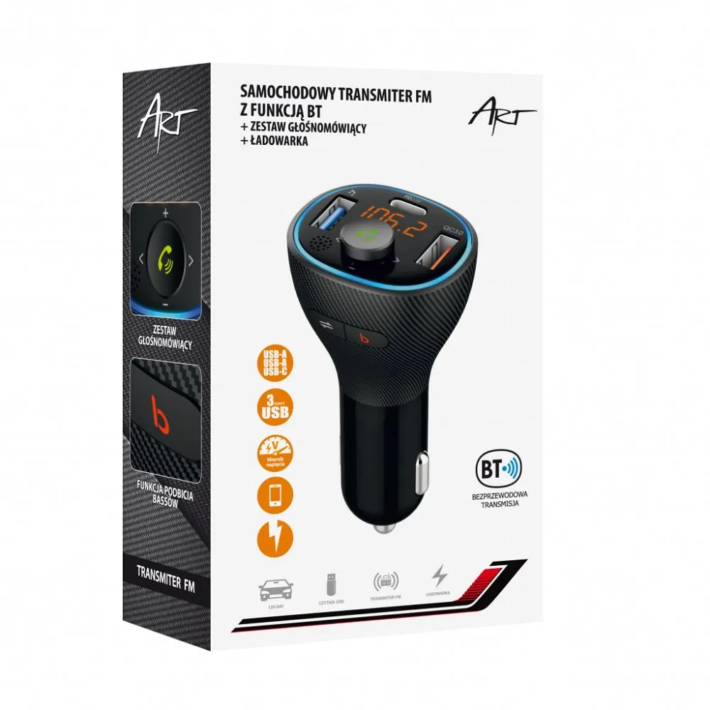 ART transmiter FM bluetooth 5.0 + USB A QC3.0 + Typ C (total 30W) FM-73 black - Image 4