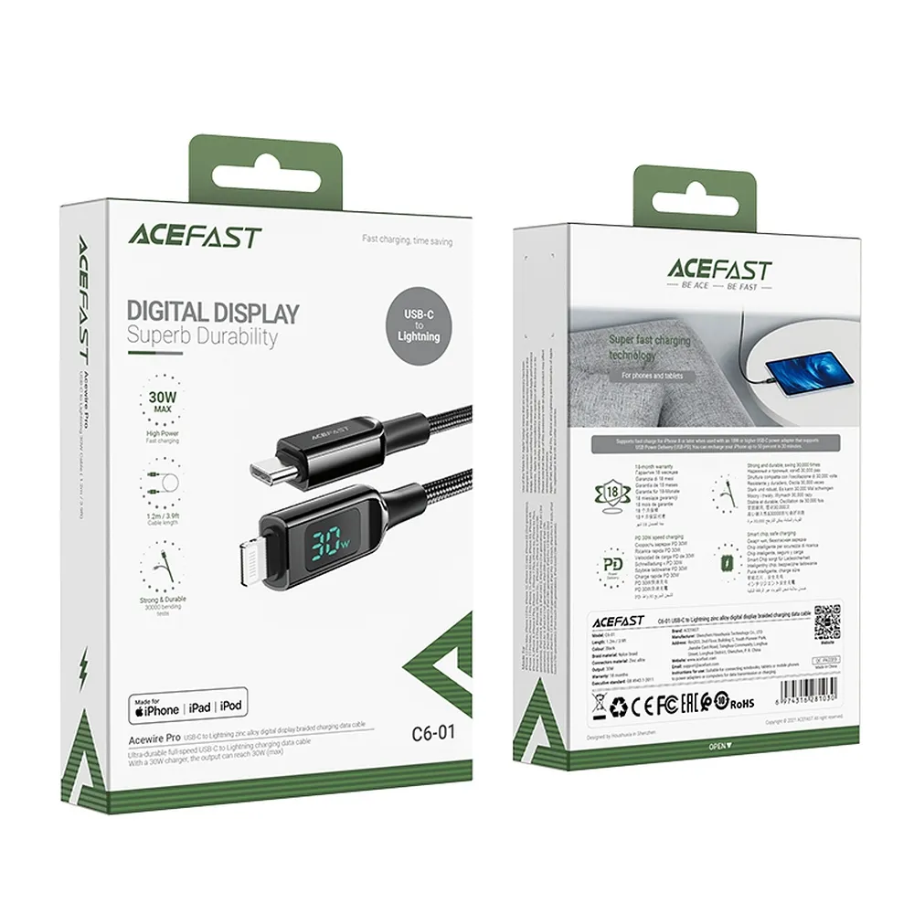 ACEFAST cable Type C to Lightning 8-pin MFi 3A PD30W LCD C6-01 1,2m black - Image 5