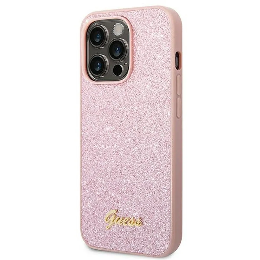 GUESS case for IPHONE 14 Pro Max GUHCP14XHGGSHP (Glitter Flakes Script Metal Logo) pink - Image 2
