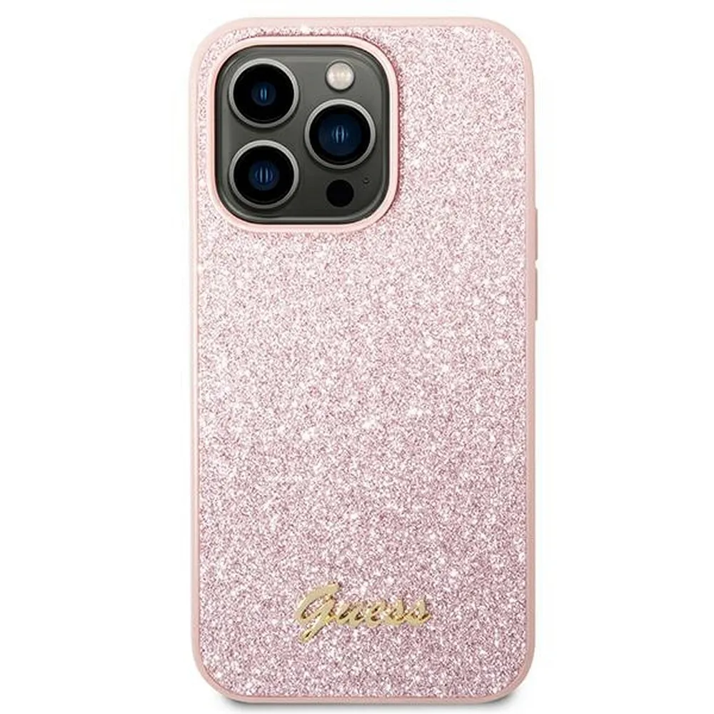 GUESS case for IPHONE 14 Pro Max GUHCP14XHGGSHP (Glitter Flakes Script Metal Logo) pink - Image 3