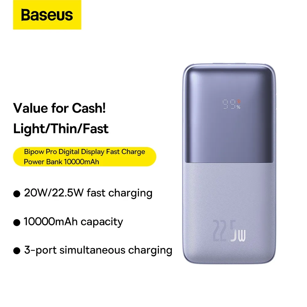 BASEUS powerbank 10 000 mAh + cable USB A to Type C PD QC3.0 3A 22,5W PPBD040005 purple - Image 19