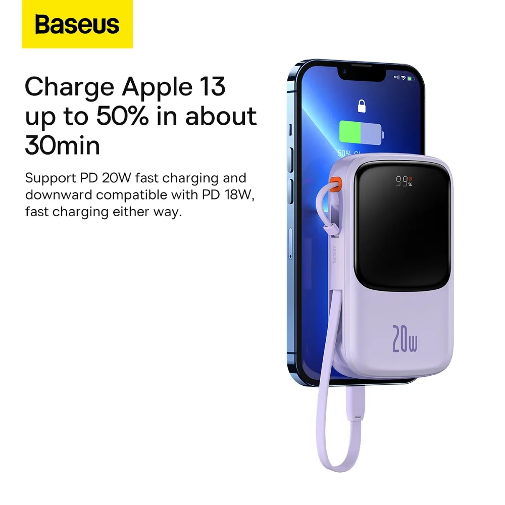 BASEUS powerbank 10 000 mAh with built-in cable Lightning + cable USB A to Type C PD QC3.0 3A 20W PPQD020005 purple - Image 15