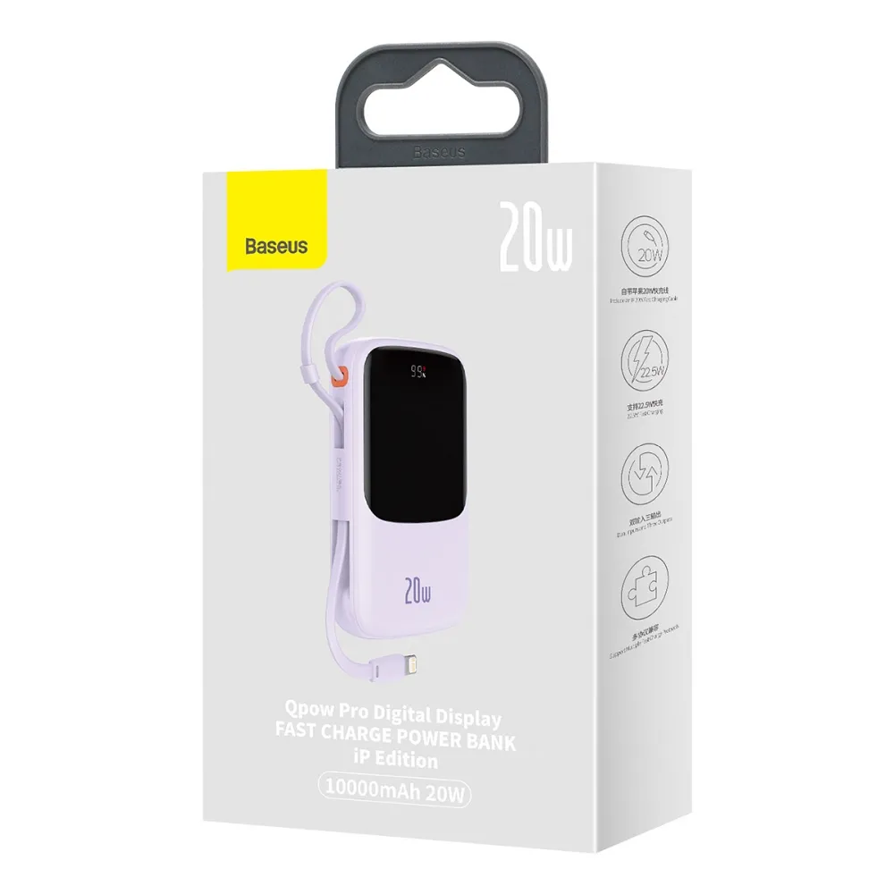 BASEUS powerbank 10 000 mAh with built-in cable Lightning + cable USB A to Type C PD QC3.0 3A 20W PPQD020005 purple - Image 18