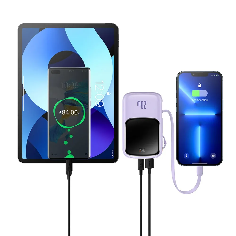 BASEUS powerbank 10 000 mAh with built-in cable Lightning + cable USB A to Type C PD QC3.0 3A 20W PPQD020005 purple - Image 8