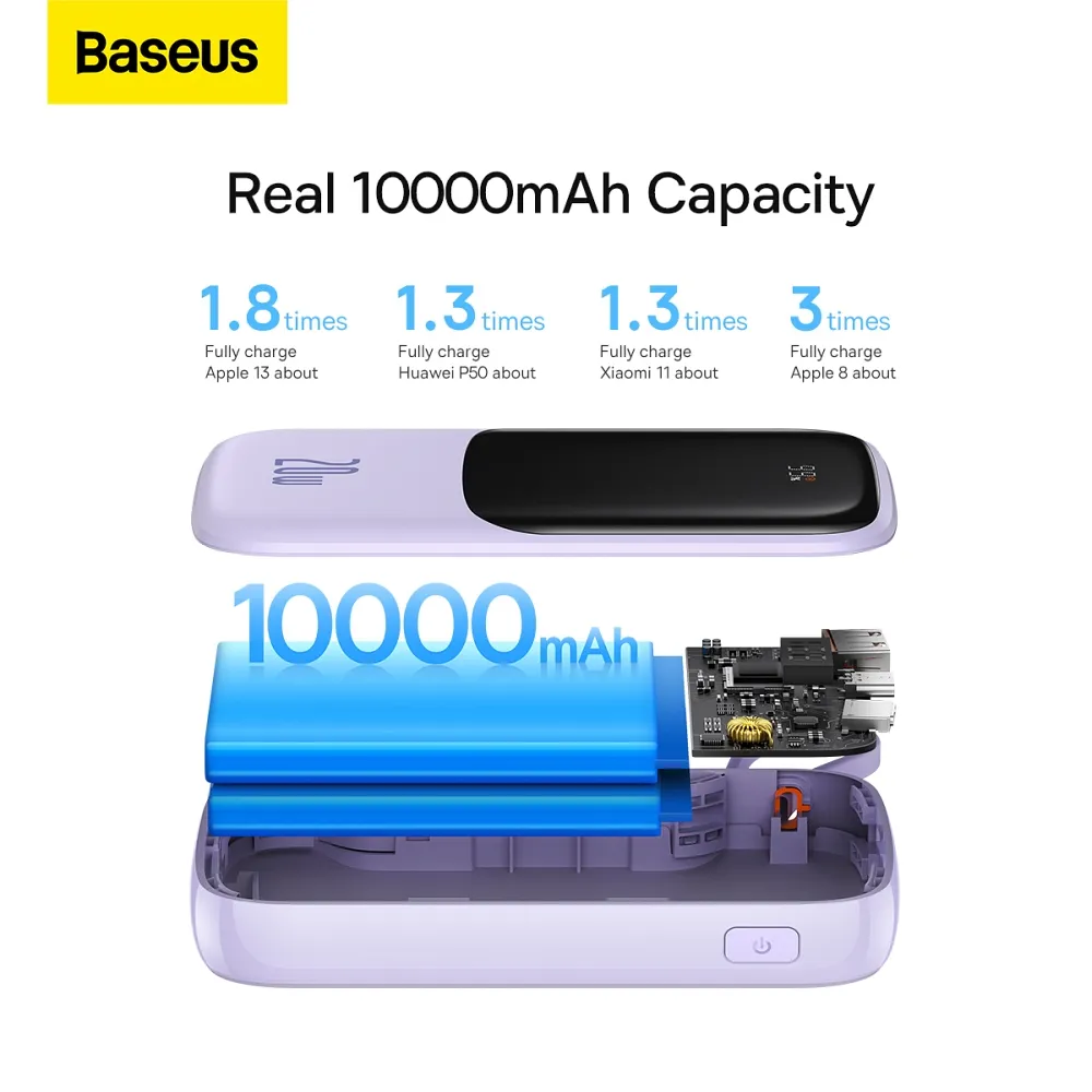 BASEUS powerbank 10 000 mAh with built-in cable Lightning + cable USB A to Type C PD QC3.0 3A 20W PPQD020005 purple - Image 12