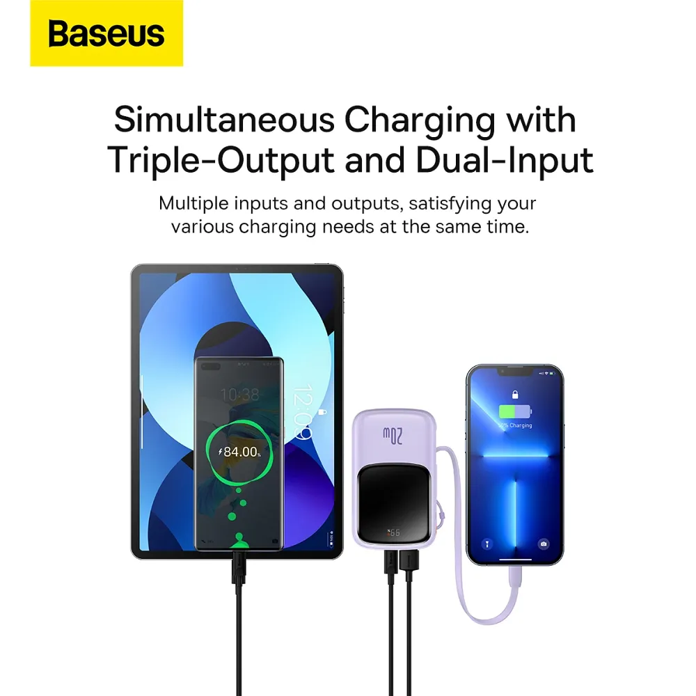 BASEUS powerbank 10 000 mAh with built-in cable Lightning + cable USB A to Type C PD QC3.0 3A 20W PPQD020005 purple - Image 14