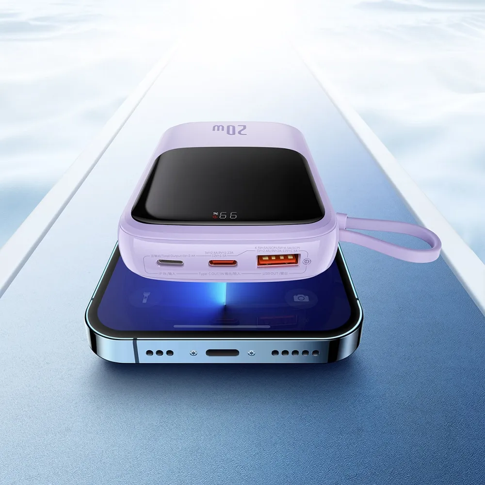 BASEUS powerbank 10 000 mAh with built-in cable Lightning + cable USB A to Type C PD QC3.0 3A 20W PPQD020005 purple - Image 11