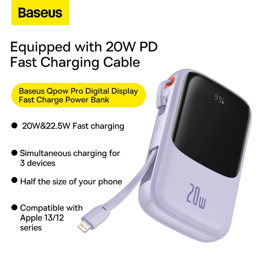 BASEUS powerbank 10 000 mAh with built-in cable Lightning + cable USB A to Type C PD QC3.0 3A 20W PPQD020005 purple - Image 16