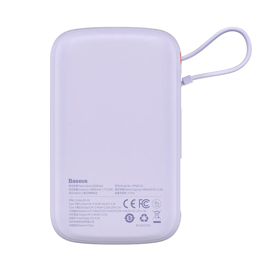 BASEUS powerbank 10 000 mAh with built-in cable Lightning + cable USB A to Type C PD QC3.0 3A 20W PPQD020005 purple - Image 4