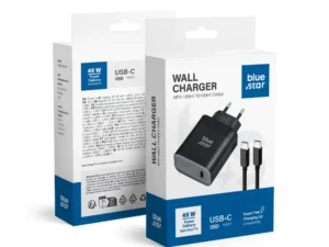 BLUE STAR utazó töltő, C-típusú + C-típusú–C-típusú kábel, PD, QC4.0, 3 A, 45 W, TFB-TC-45WPD, fekete