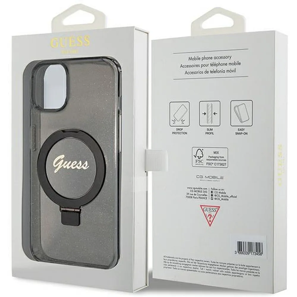 GUESS case for IPHONE 15 compatible with MagSafe GUHMP15SHRSGSK (Glitter Script Logo Ring stand) black - Image 8