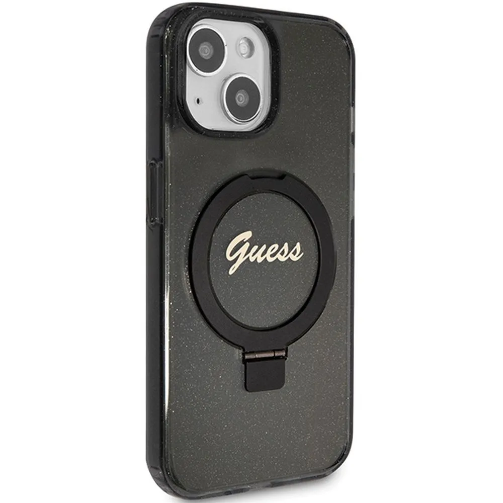 GUESS case for IPHONE 15 compatible with MagSafe GUHMP15SHRSGSK (Glitter Script Logo Ring stand) black - Image 4