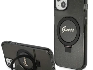 GUESS case for IPHONE 15 compatible with MagSafe GUHMP15SHRSGSK (Glitter Script Logo Ring stand) black