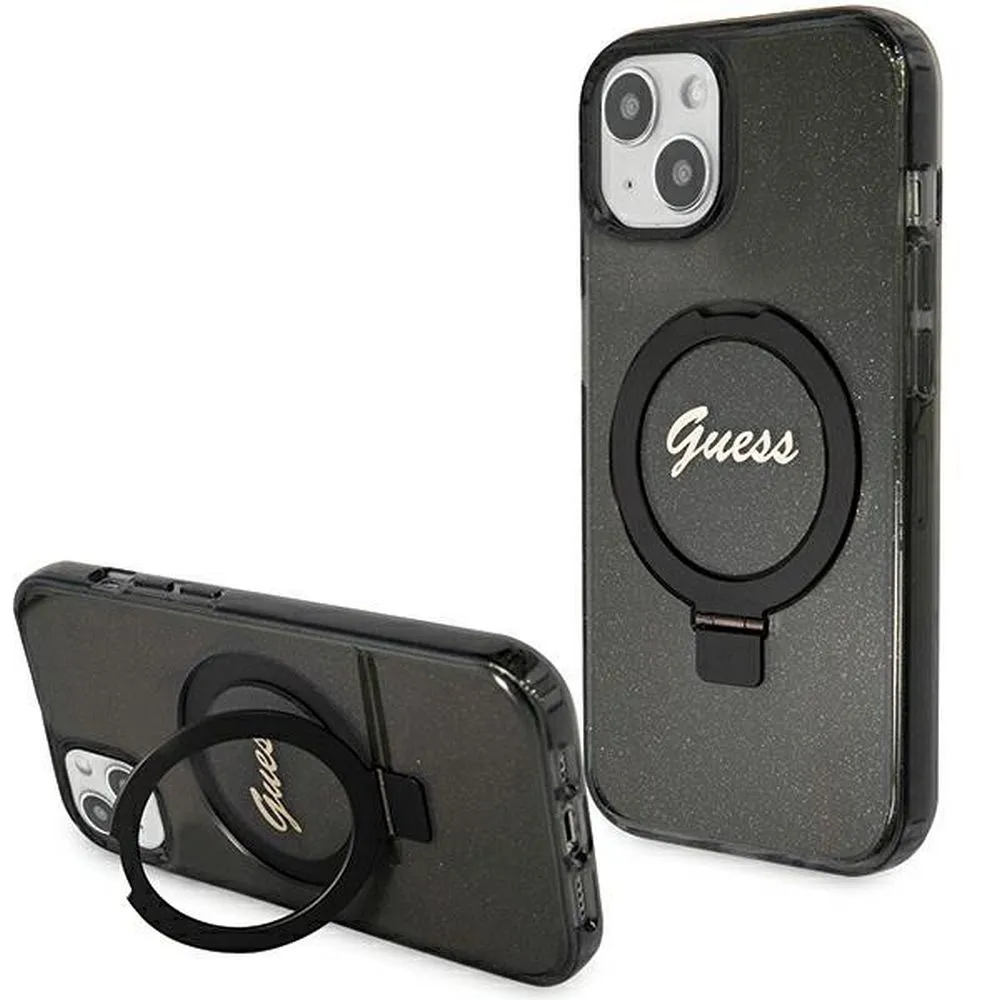 GUESS case for IPHONE 15 compatible with MagSafe GUHMP15SHRSGSK (Glitter Script Logo Ring stand) black