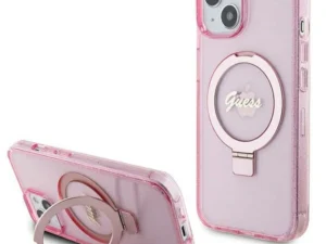 GUESS case for IPHONE 15 compatible with MagSafe GUHMP15SHRSGSP (Glitter Script Logo Ring stand) pink