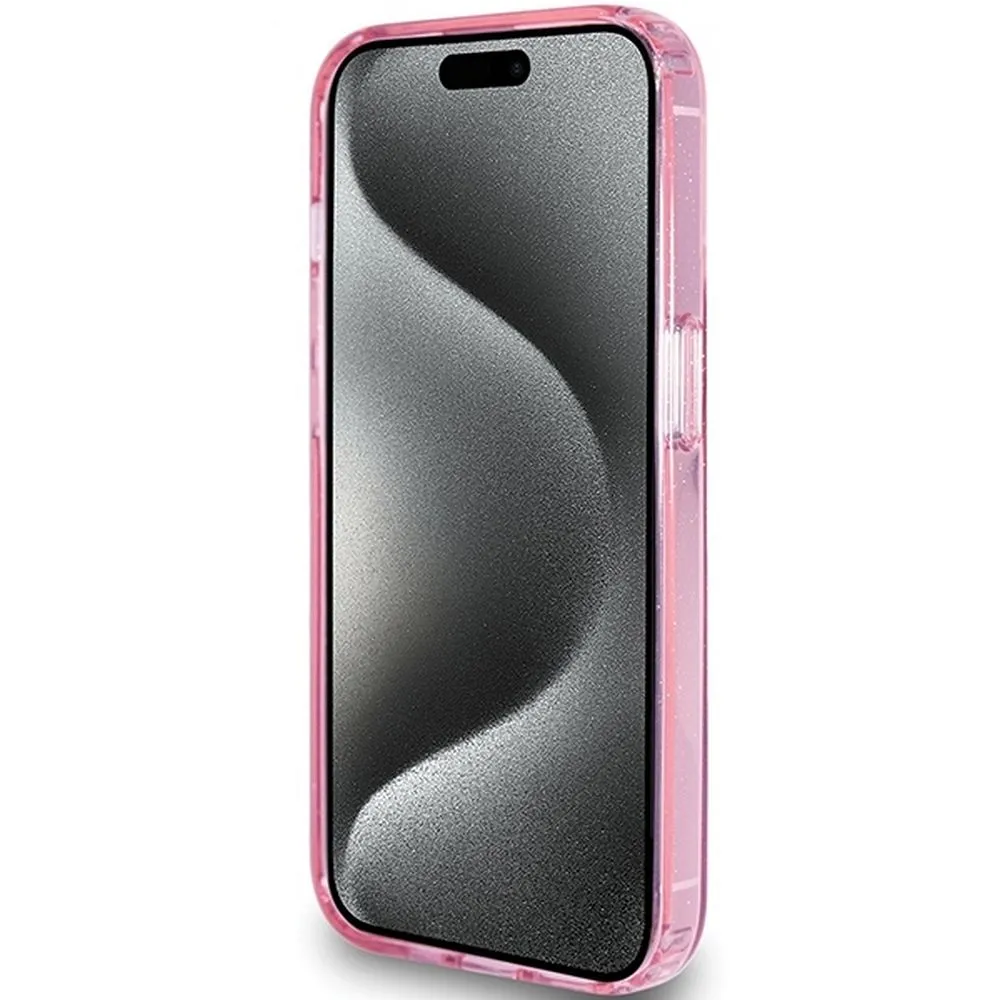 GUESS case for IPHONE 15 Pro compatible with MagSafe GUHMP15LHRSGSP (Glitter Script Logo Ring stand) pink - Image 5