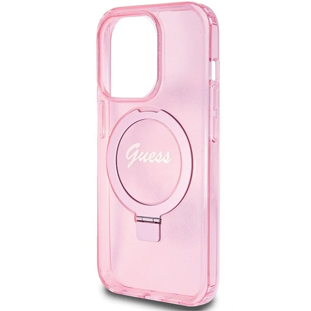 GUESS case for IPHONE 15 Pro compatible with MagSafe GUHMP15LHRSGSP (Glitter Script Logo Ring stand) pink - Image 6