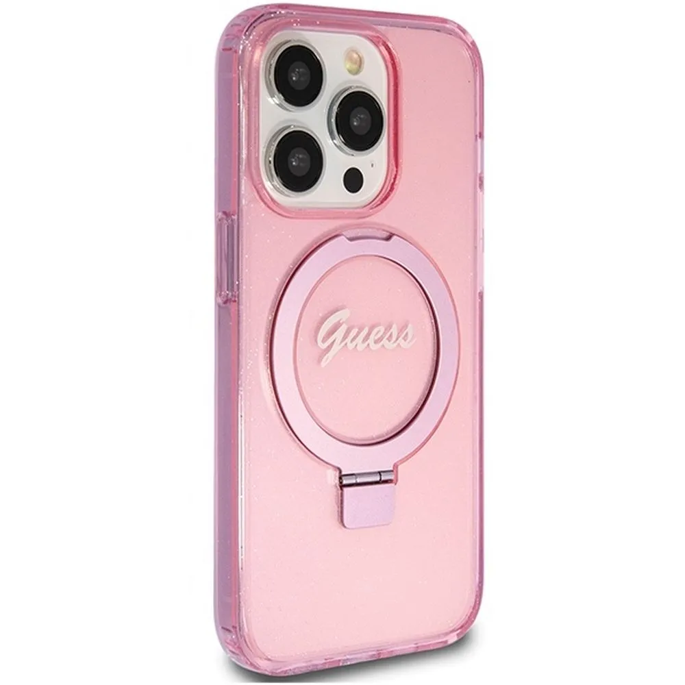 GUESS case for IPHONE 15 Pro compatible with MagSafe GUHMP15LHRSGSP (Glitter Script Logo Ring stand) pink - Image 4