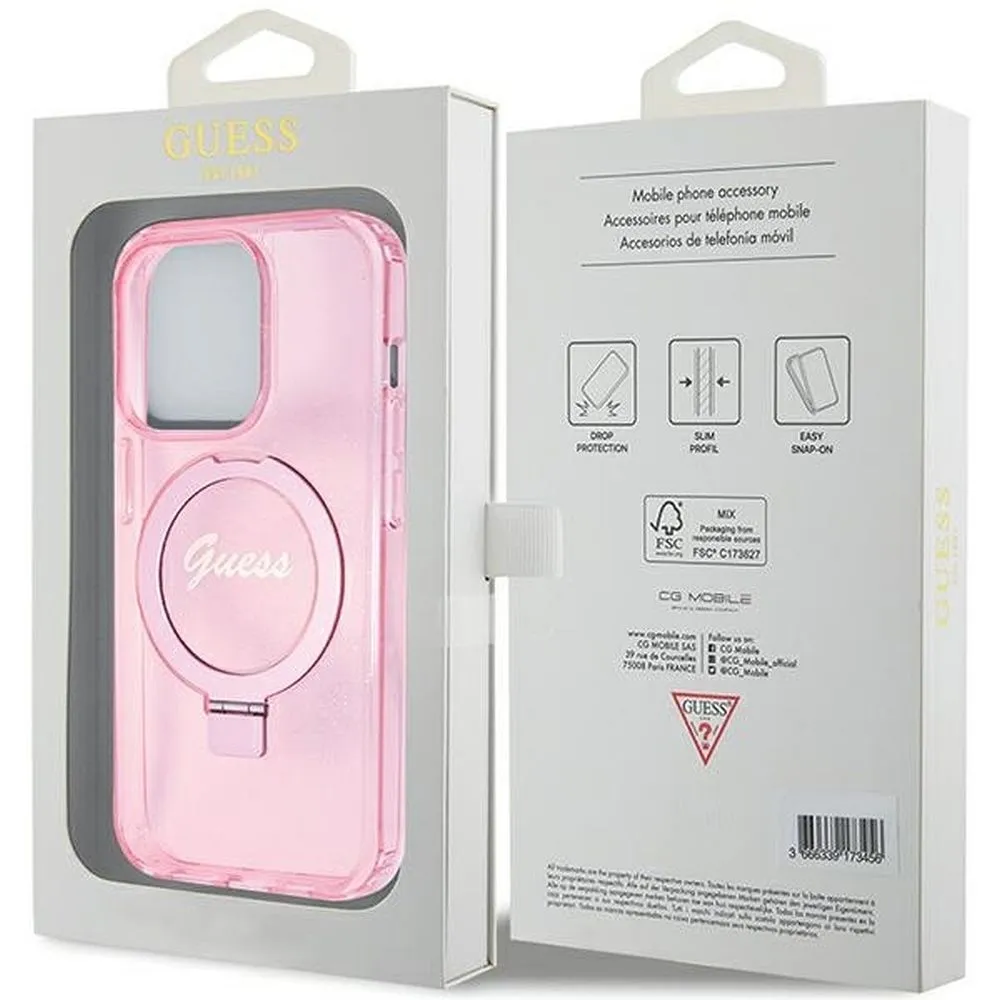 GUESS case for IPHONE 15 Pro compatible with MagSafe GUHMP15LHRSGSP (Glitter Script Logo Ring stand) pink - Image 8