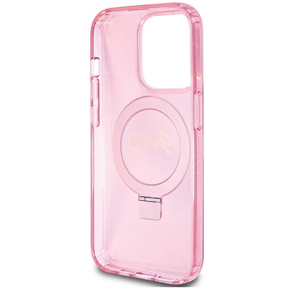 GUESS case for IPHONE 15 Pro compatible with MagSafe GUHMP15LHRSGSP (Glitter Script Logo Ring stand) pink - Image 7
