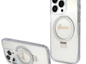 GUESS case for IPHONE 15 Pro compatible with MagSafe GUHMP15LHRSGSD (Glitter Script Logo Ring stand) transparent
