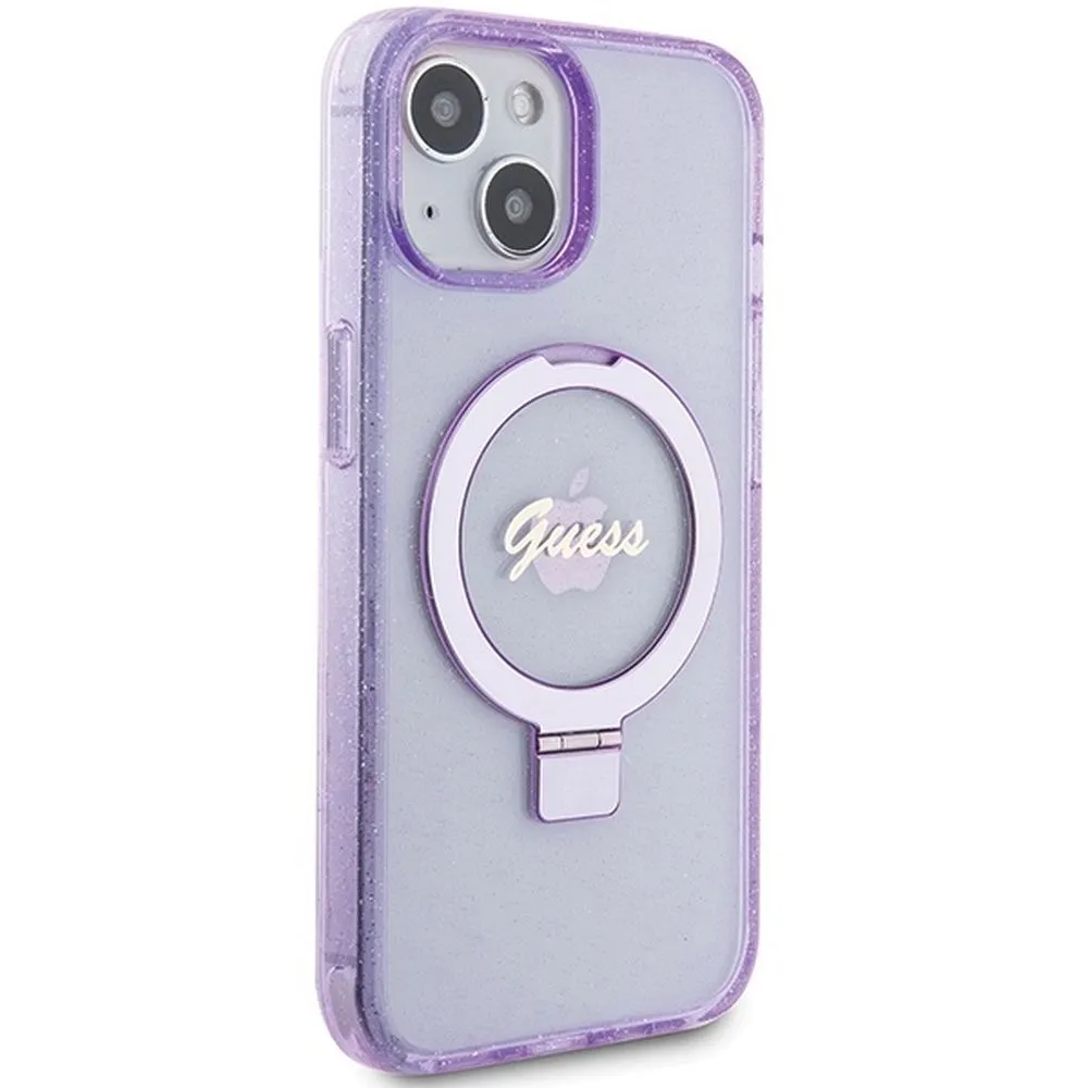 GUESS case for IPHONE 15 compatible with MagSafe GUHMP15SHRSGSU (Glitter Script Logo Ring stand) purple - Image 4