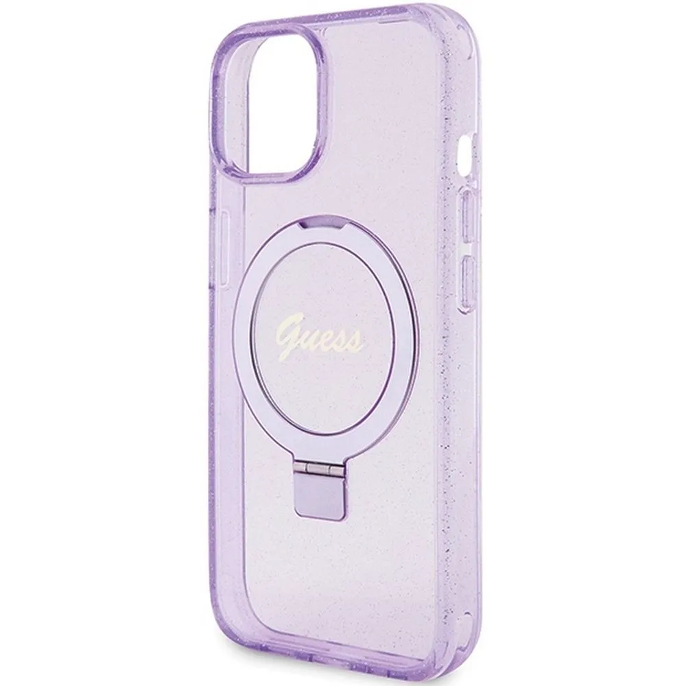 GUESS case for IPHONE 15 compatible with MagSafe GUHMP15SHRSGSU (Glitter Script Logo Ring stand) purple - Image 6