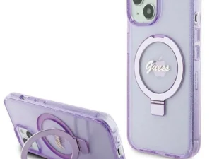 GUESS case for IPHONE 15 compatible with MagSafe GUHMP15SHRSGSU (Glitter Script Logo Ring stand) purple