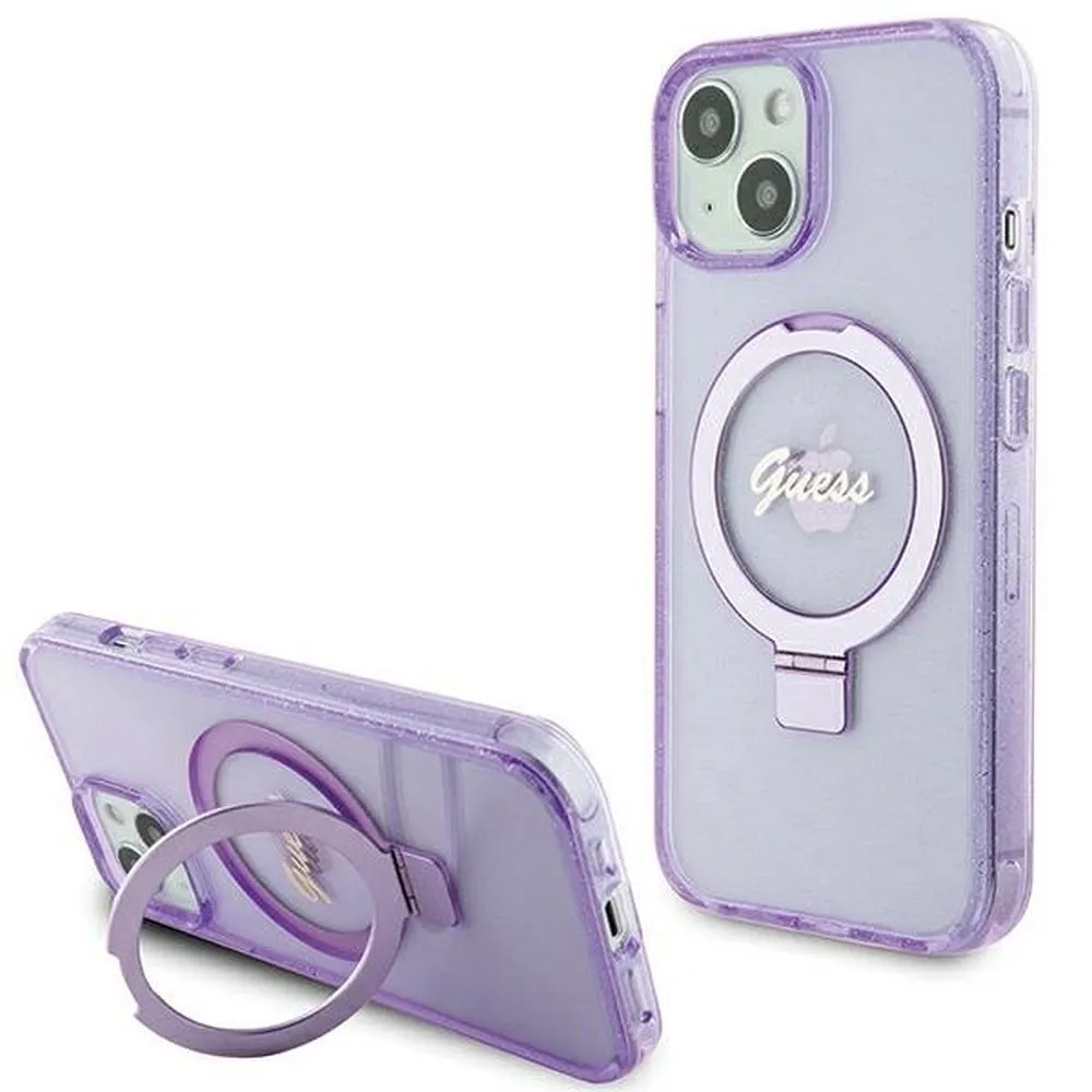 GUESS case for IPHONE 15 compatible with MagSafe GUHMP15SHRSGSU (Glitter Script Logo Ring stand) purple
