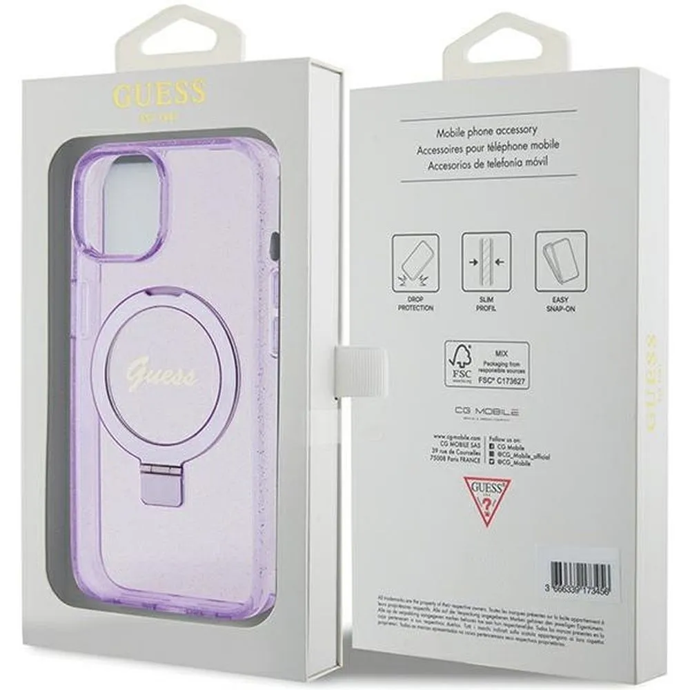 GUESS case for IPHONE 15 compatible with MagSafe GUHMP15SHRSGSU (Glitter Script Logo Ring stand) purple - Image 8