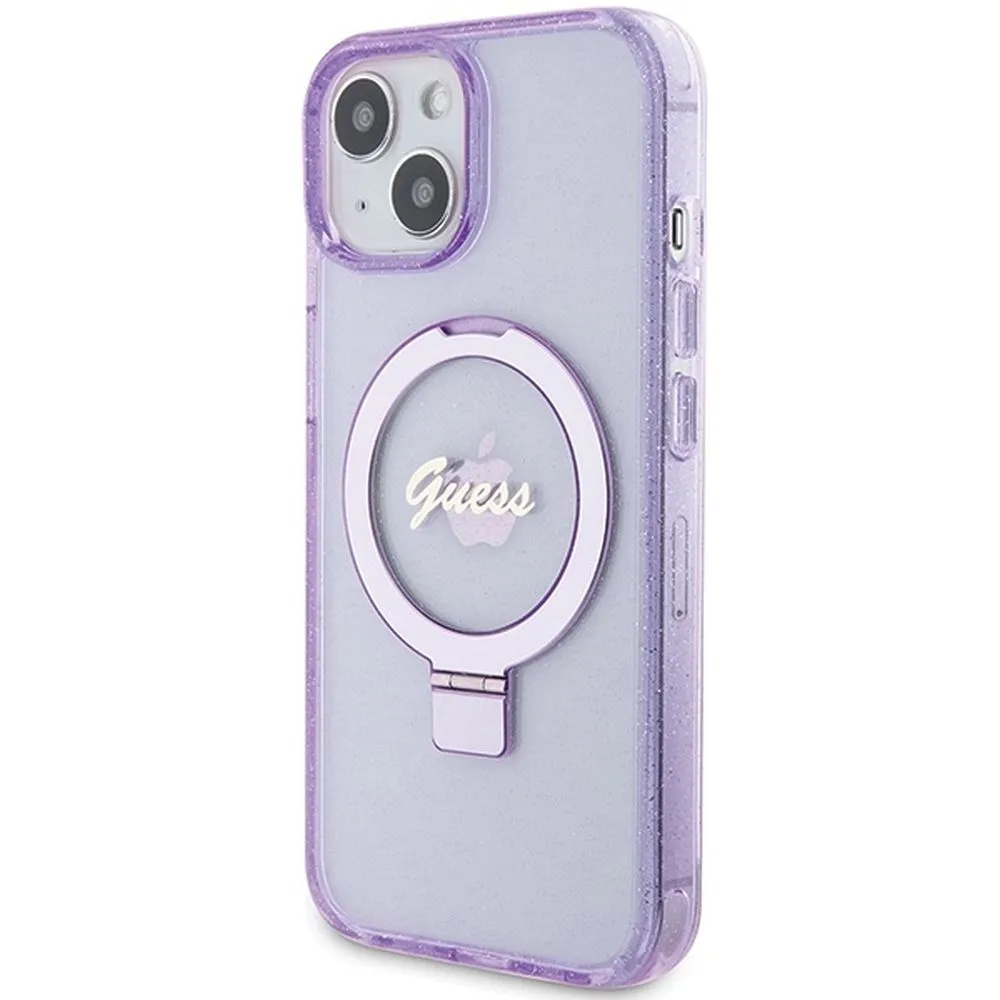 GUESS case for IPHONE 15 compatible with MagSafe GUHMP15SHRSGSU (Glitter Script Logo Ring stand) purple - Image 2