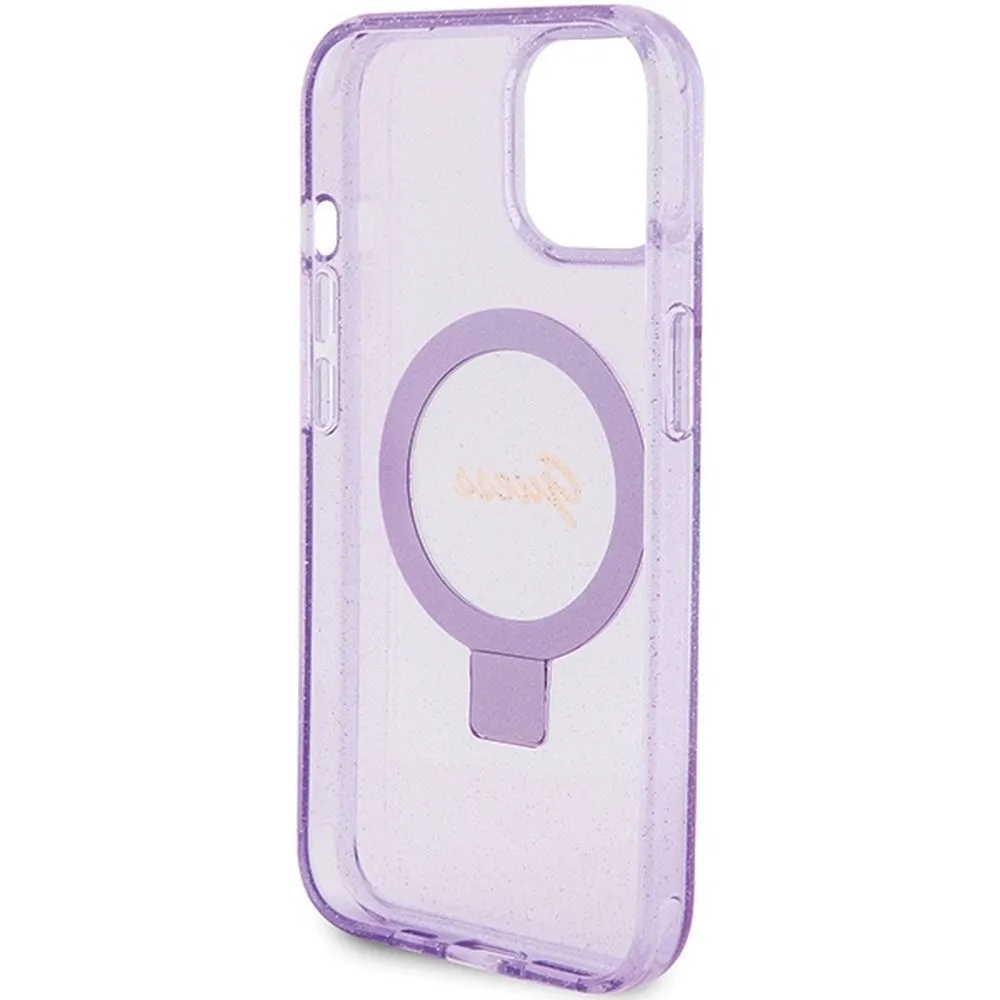 GUESS case for IPHONE 15 compatible with MagSafe GUHMP15SHRSGSU (Glitter Script Logo Ring stand) purple - Image 7