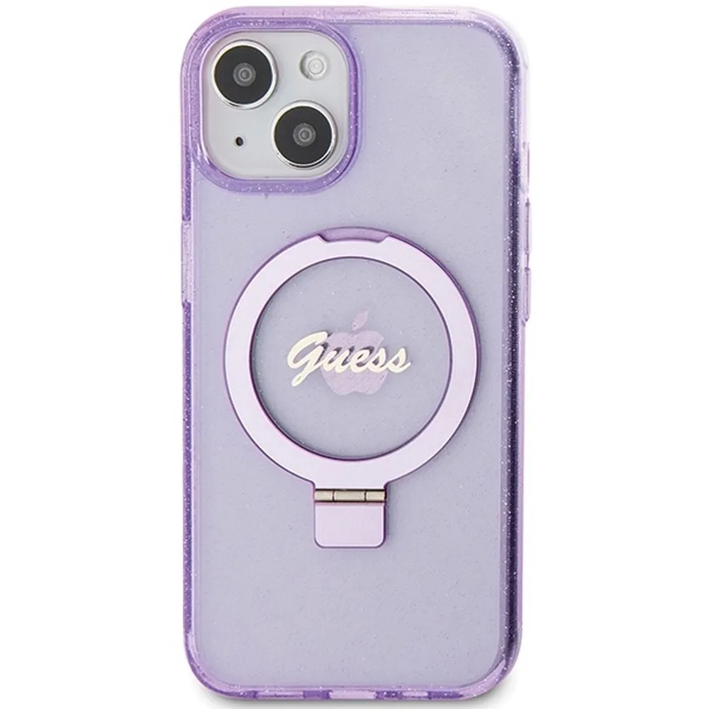 GUESS case for IPHONE 15 compatible with MagSafe GUHMP15SHRSGSU (Glitter Script Logo Ring stand) purple - Image 3