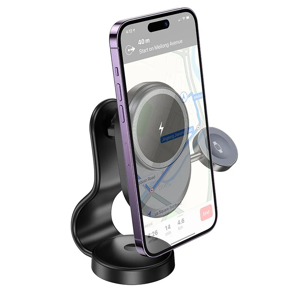 HOCO car holder with wireless charging 2in1 for center console compatible with Apple Watch 15W HW28 black gray - Image 3