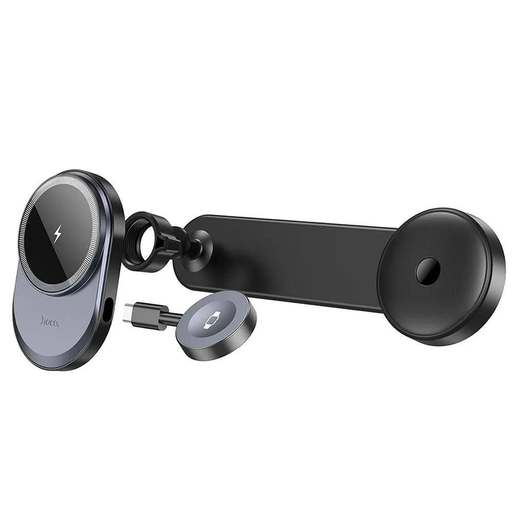 HOCO car holder with wireless charging 2in1 for center console compatible with Apple Watch 15W HW28 black gray - Image 5