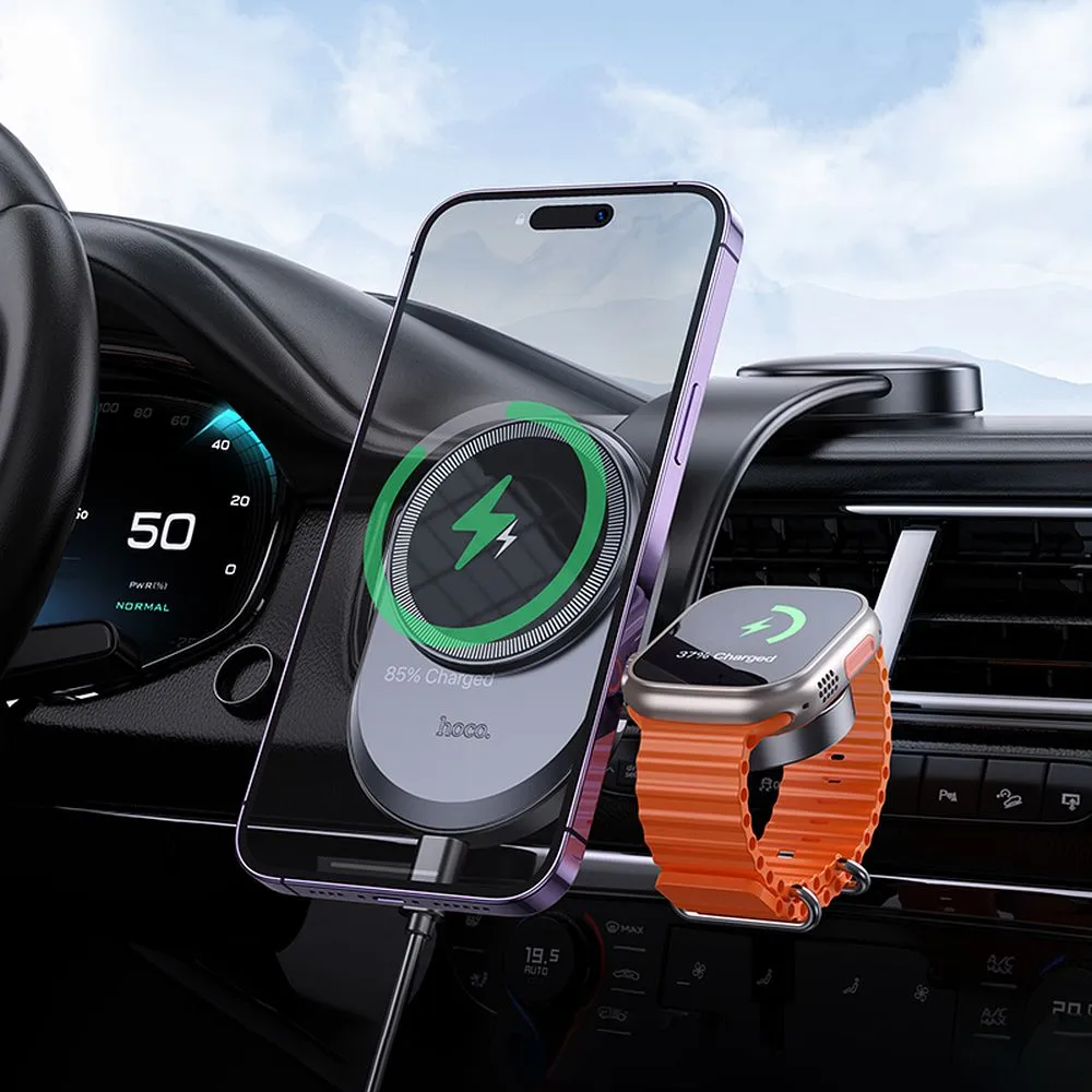 HOCO car holder with wireless charging 2in1 for center console compatible with Apple Watch 15W HW28 black gray - Image 8