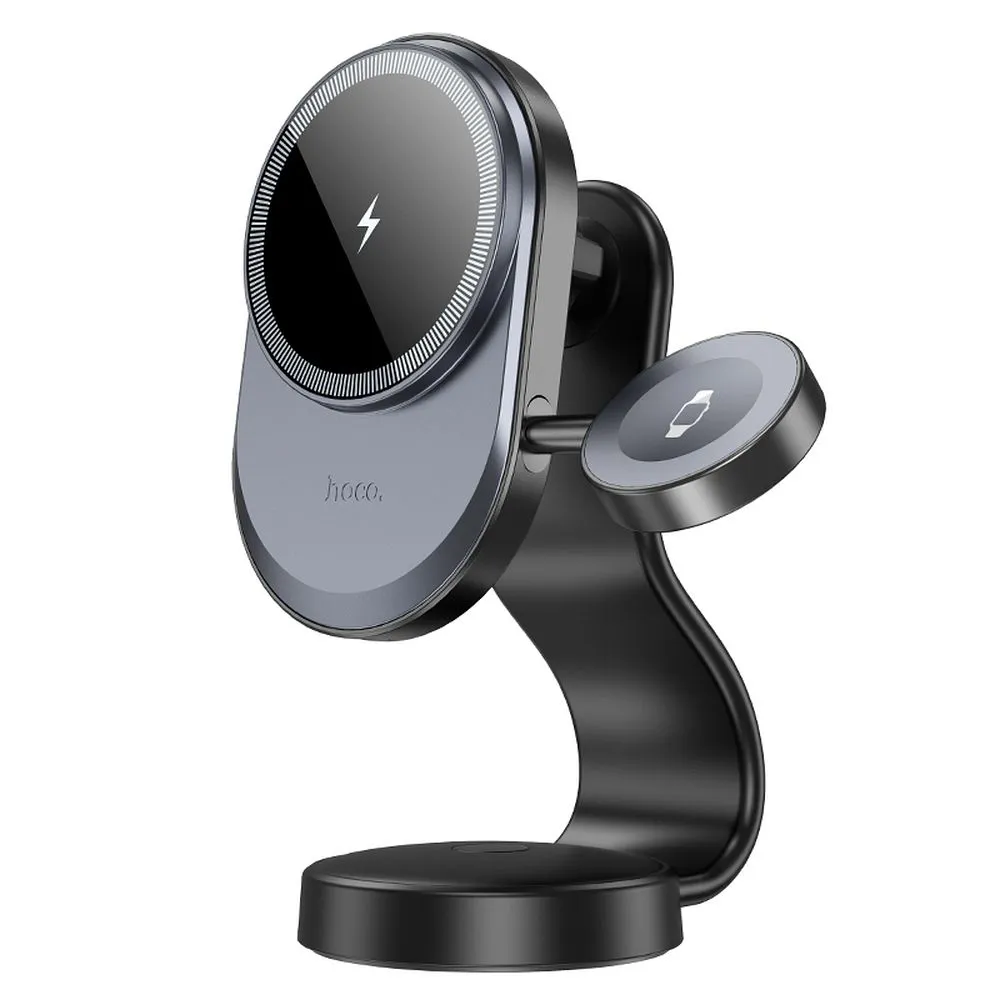 HOCO car holder with wireless charging 2in1 for center console compatible with Apple Watch 15W HW28 black gray - Image 4