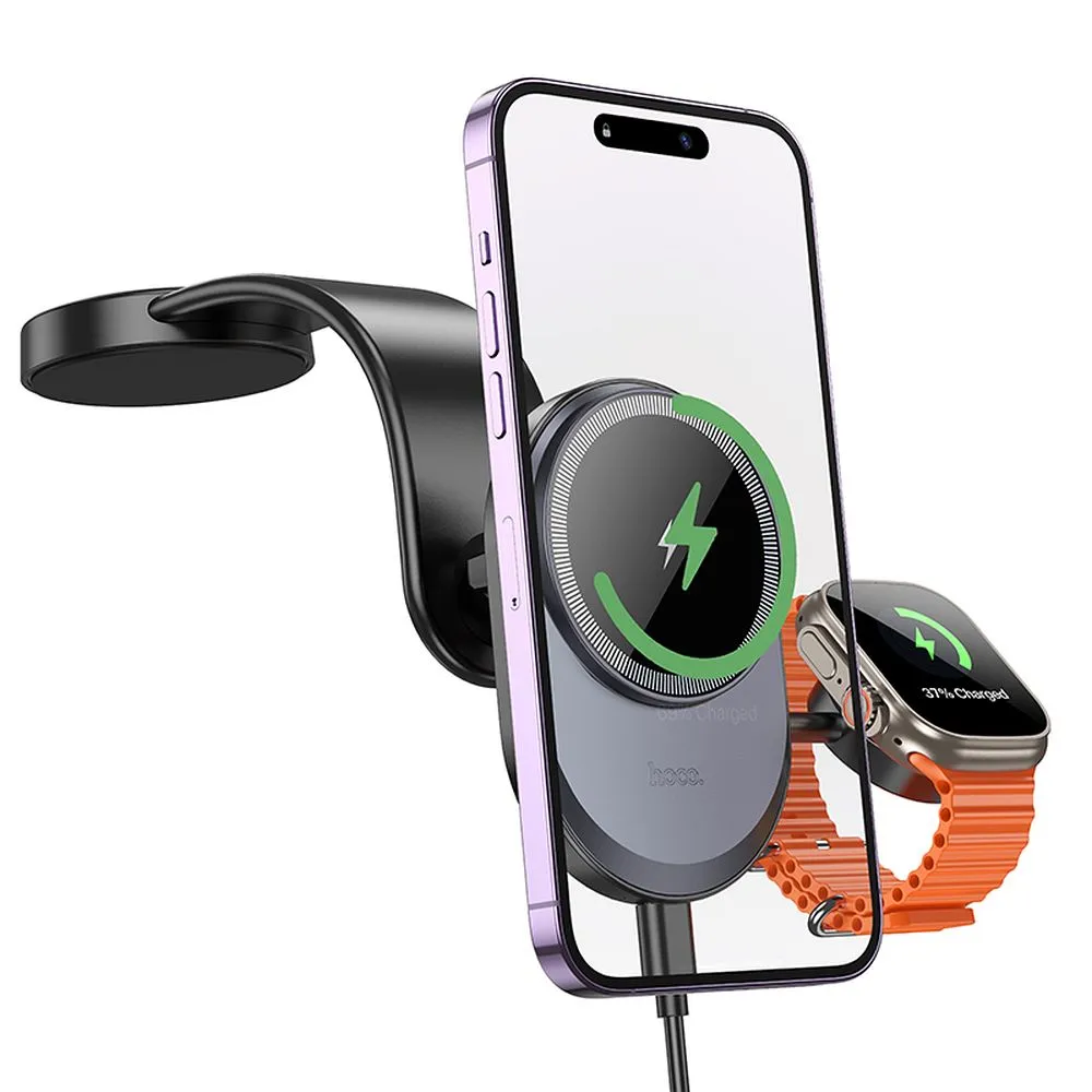 HOCO car holder with wireless charging 2in1 for center console compatible with Apple Watch 15W HW28 black gray - Image 2