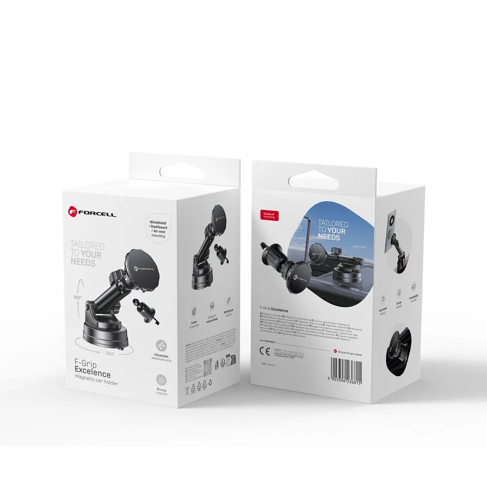 FORCELL F-Grip Excellence autós telefon tartó szélvédőre/középső konzolra/szellőzőnyílásra, mágneses, fekete