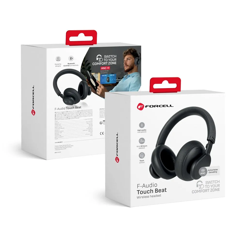 FORCELL F-AUDIO vezeték nélküli fejhallgató, aktív zajszűréssel (ANC), Touch Beat, fekete
