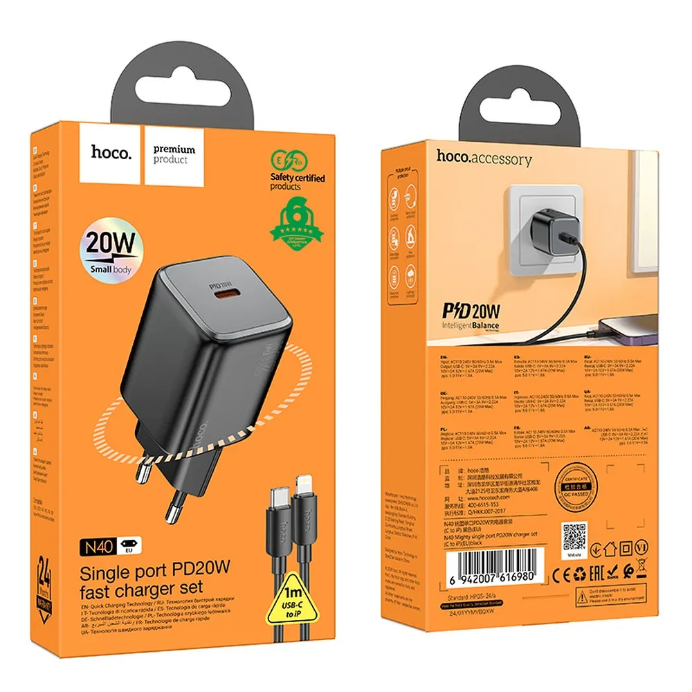 HOCO wall charger Type C + cable Type C to Lightning QC PD 20W N40 black - Image 6