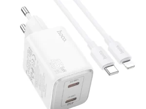 HOCO töltő 2 x Type-C + Type-C–Lightning kábel, PD, QC, 45 W, GaN, N42, fehér